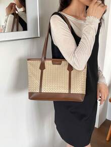 Cross-Border Woven Color-Block Rhombus Embossed Large Capacity Tote Bag Shoulder Large Bag Versatile Fashion Tote Bag For Women - Khaki - View 6