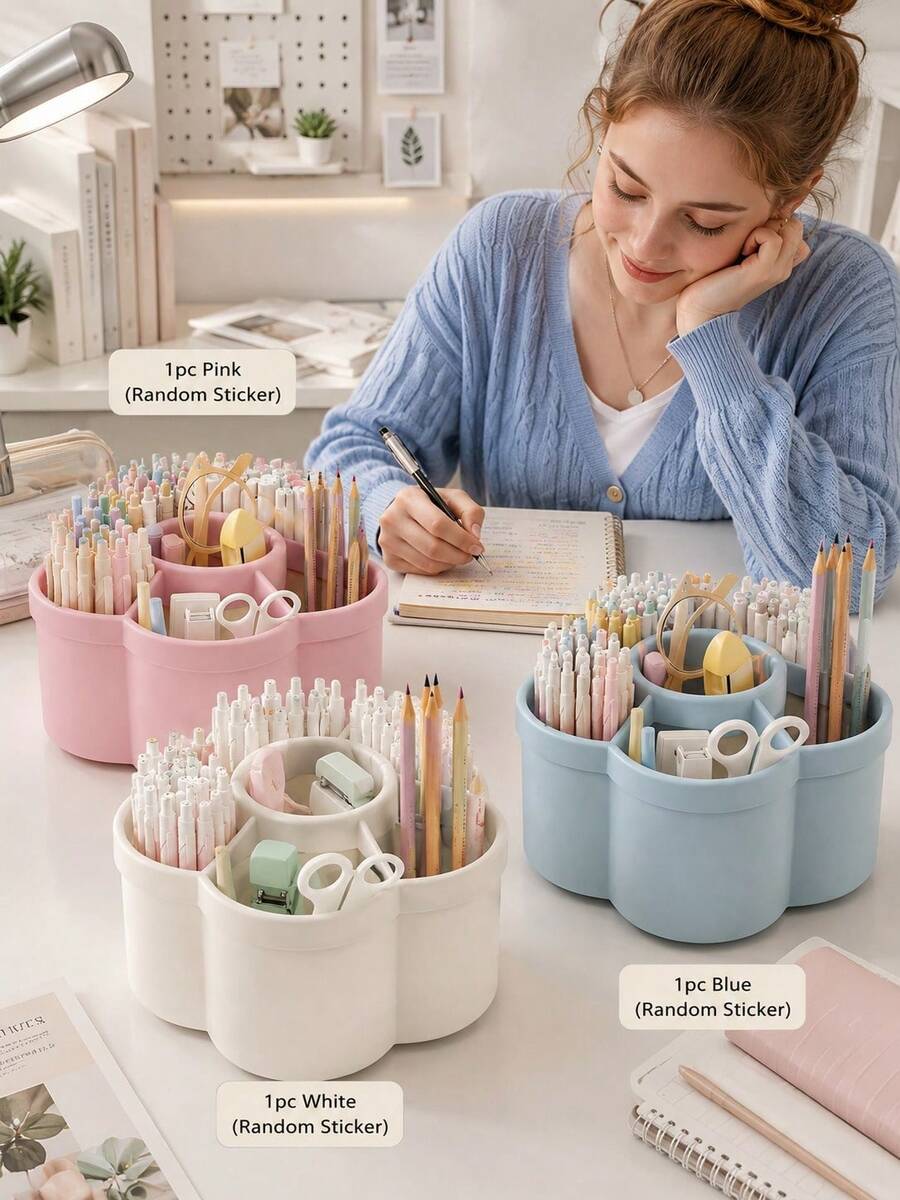 1pc 360° Rotating Pen Holder Storage Box, Cosmetic Organizer, Office Supplies Desktop Storage, Large Capacity Multi-Function Pen Holder, Lipstick Storage Box, Makeup Brush Holder, College Dorm Essentials, Vanity Accessories, Room Decor