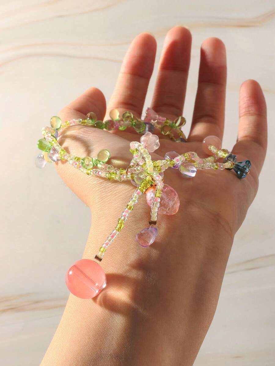 1件女性甜美水滴珠項鍊，夏季玫瑰紅設計水果串珠鎖骨鏈 - 淡紫色 - 查看 1