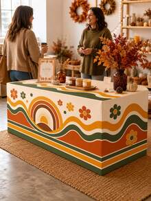 1pc Retro Boho Fall 3-Sided Table Cover, Polyester Tablecloth With Orange Green Wavy Stripes, Vintage Flowers & Sunrise Arch, 70s Geometric Table Decor For Autumn Party,Suitable For Thanksgiving, Weddings, Kitchen Decor, And Autumn Home Decoration. - Multicolor - View 8