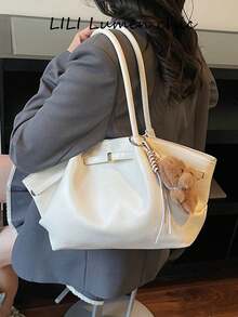 Atmospheric Large Capacity Tote Bag, Soft Relaxed Body With Extended Handle, Metal Buckle Decoration On Front, Can Be Paired With Fun Charms. Open Design For Easy Access, Ample Internal Storage Space, Simple And Elegant Style, Suitable For Commuting And Daily Outings, Compatible With Various Daily Outfits. - White - View 4