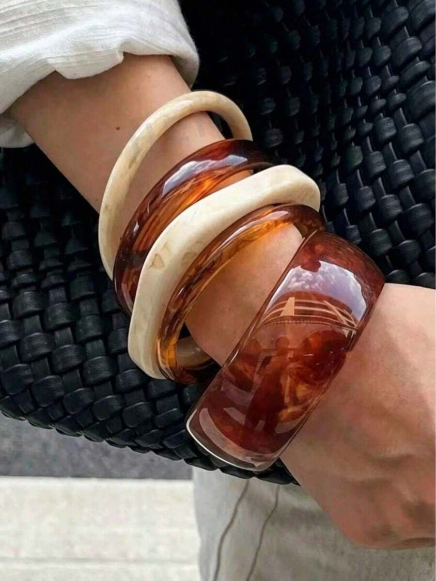 Wide Resin Acrylic Layered Bracelet Set, Amber Thin Round & Volcanic Bracelet Set, Vintage Maillard Commuter Style Accessory, Featuring Caramel Tie Dye Texture And Cream White Contrast Design, Suitable For Daily Wear, Vacation Travel And French Casual Gatherings, Can Be Layered To Create Layered Looks, Versatile Fashion Accessory, Ideal Holiday Gift For Friends And Family - Multicolor a - View 1