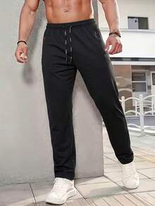 Men's Plus Size XL-6XL Ice Silk Straight Leg Casual Pants, Elastic Waist Drawstring Design, Lightweight Wrinkle-Resistant Travel & Commute Long Pants - Black - View 7