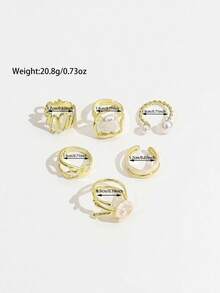 6PCS INS Style Drip Oil Flower Baroque Irregular Faux Pearl Rings Hollow Multi-Element Water Drop Pearl Ring Set For Women - Gold - View 6