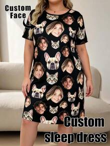 1pc Plus Size Customized Pet Dog/Cat Face Photo Pajama Set, Women's Nightgown Loungewear Personalized Night Dress Gift - Multicolor - View 6