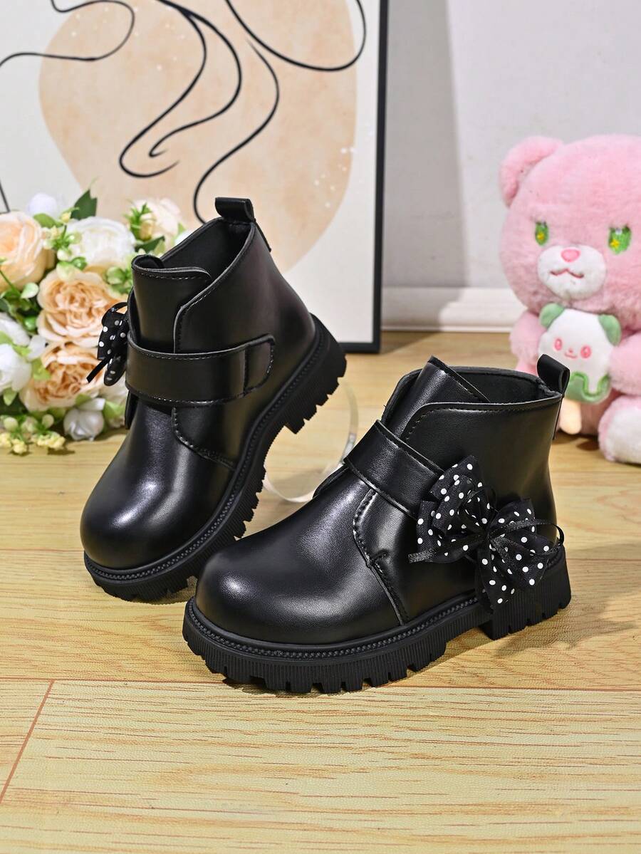 Girls' Black Bow Decor Ankle Boots, Autumn/Winter New Hook-And-Loop Thick Sole Non-Slip Versatile Casual Ankle Boots - Black - View 1