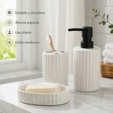 3-Piece Ceramic Bathroom Accessory Set With Soap Dispenser, Toothbrush Holder And Soap Dish, Modern Ribbed Design For Vanity Organization - White - View 3