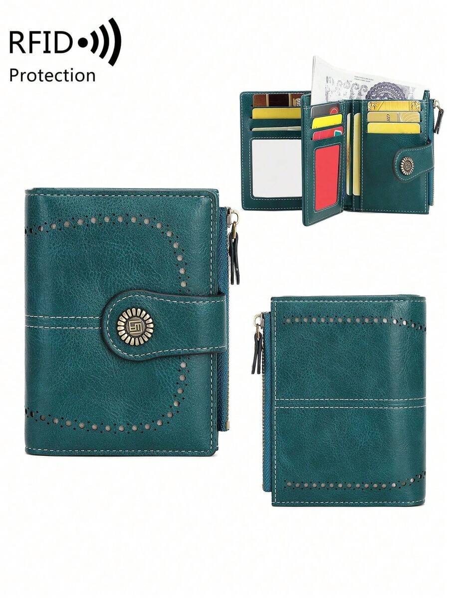 Billetera corta trifold de gran capacidad antirrobo,últiples ranuras para tarjetas, material PU, unicolor con cierre de cremallera, multifuncional estilo europeo y americano nuevo vintage - azul eléctrico - Ver 1