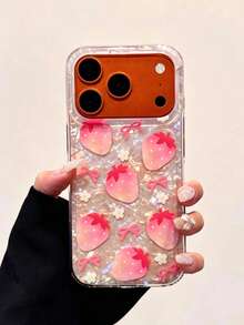 1pc New Korean Ins Style Shell Texture Cute Strawberry Bow Flower Print Phone Case, Suitable For Beach, Minimalist Premium, Fashionable, Unique Design, Anti-Drop Protective Cover Compatible With Apple 17pm, 16, 15p, 14plus, 13, 12pm, 11 - Pink - View 3