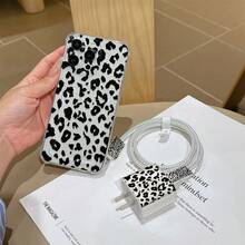 6件組黑色豹紋皮革紋理手機殼 + 充電頭保護套 + 線材保護套 + 收納繩 + 數據線保護纏繩 TPU 防摔保護殼，適用於 iPhone 6 7 8 XXs XR XS Max 11 12 13 14 15 16 17 Pro Max，適合作為生日和聖誕禮物送給情侶、女性、女兒、男朋友、女朋友和青少年女孩 - 彩色 - 查看 4