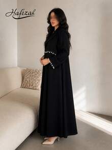 Hafizah Black Beaded Trim Patchwork Pleated Long Abaya Jacket, Loose Draping Flowy Cardigan, Elegant Versatile Daily Wear For Women - Black - View 1