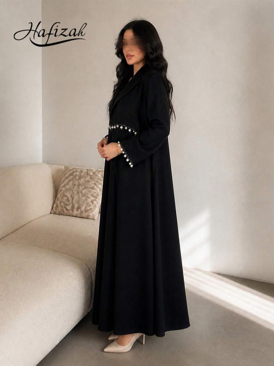 Hafizah Black Beaded Trim Patchwork Pleated Long Abaya Jacket, Loose Draping Flowy Cardigan, Elegant Versatile Daily Wear For Women - Black - View 1