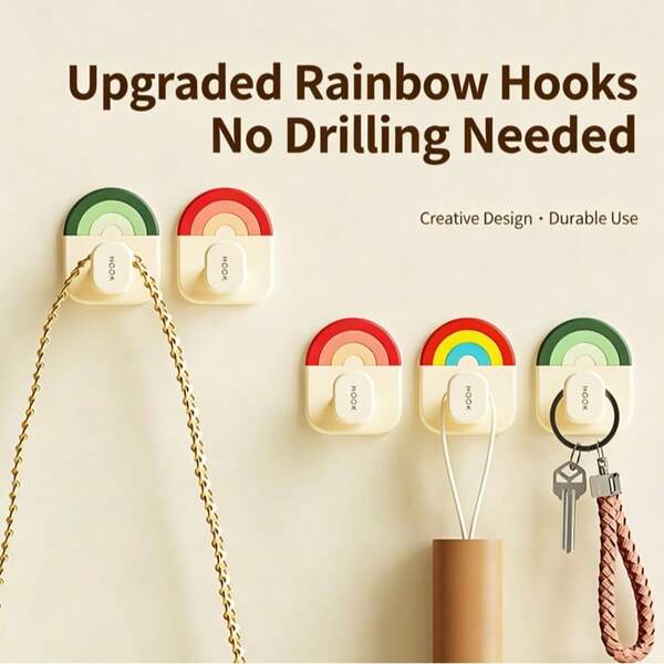 3Pcs Rainbow Traceless Adhesive Hooks, Strong Self-Adhesive Wall Hooks, Multi-Purpose Hanging Organizer For Bags, Keys, Hair Ties, Clothes, Suitable For Entryway & Bathroom