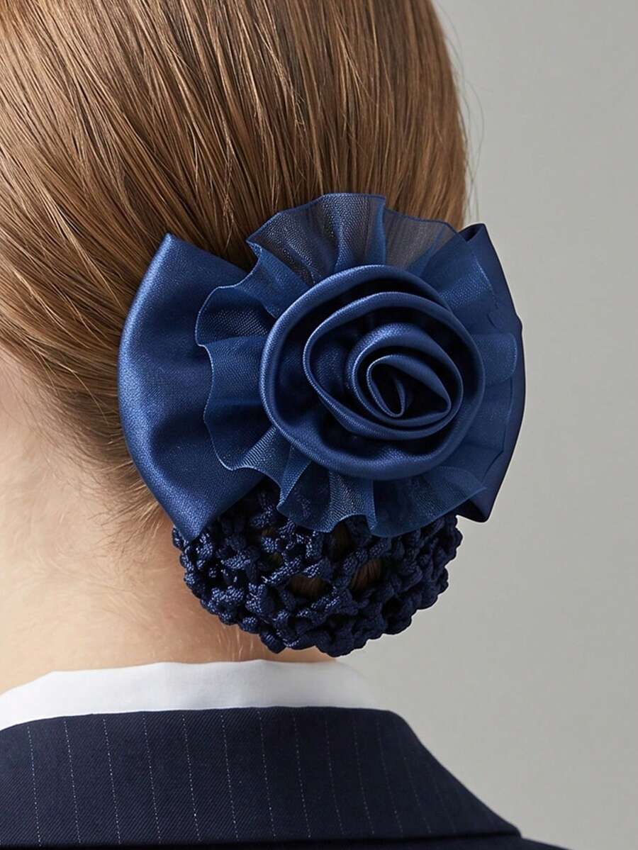 1件 3D蕾絲玫瑰網紗髮夾,優雅專業女性用髮髻網 - 藏青 - 查看 1