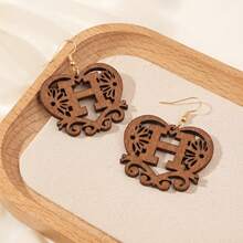 Women's Personalized Initial Wooden Earrings, Hollow Heart Daisy Flower Pattern 26 Letter Dangle Earrings - Brown - View 11
