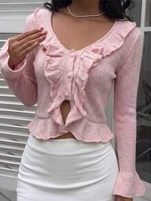 Women's Open Front Cardigan, Deep V-Neck, Single-Breasted Button Closure, Long Sleeve, Ruffle Trim, Romantic Sweet Girl Style, Short Fitted Knit Top, Spring Autumn Winter - Pink - View 3