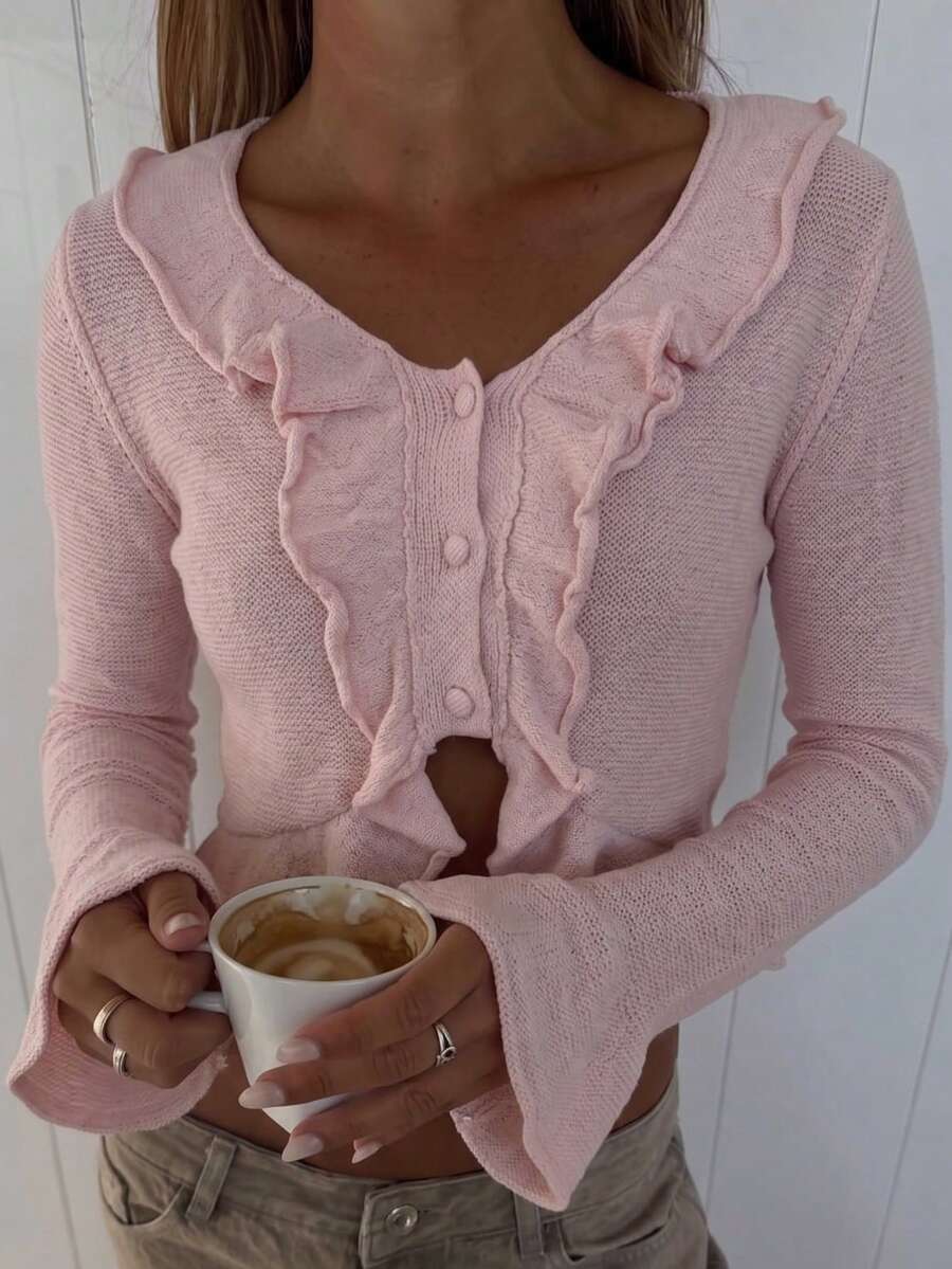 Women's Open Front Cardigan, Deep V-Neck, Single-Breasted Button Closure, Long Sleeve, Ruffle Trim, Romantic Sweet Girl Style, Short Fitted Knit Top, Spring Autumn Winter - Pink - View 1