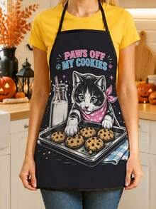 1pc Cute Cat Theme Kitchen Apron, 55x68cm Size, Durable Fabric Material, Halloween Baking Party Decoration, Suitable For Cooking And Holiday Gathering Scenes - Multicolor 3 - View 4