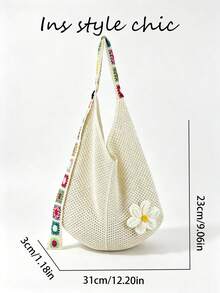 Crochet Floral Decor Colorful Square Crochet Strap Knit Shoulder Bag Open Closure Spacious Convenient Access Suitable For Travel Vacation Outing Commute Shopping - Beige - View 2