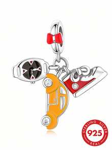 1pc S925 Sterling Silver Red Bowknot Hollow Pendant With Resin Car, Sports Shoe, Helmet Multi-Charm Zirconia Inlaid Kids DIY Bracelet Large Hole Bead Accessory - Silver - View 2