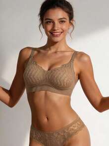 Comfortable And Sexy Lace Women's Bra Fashionable Wave Edge Suspender Without Steel Ring Anti Sagging Bra - Apricot - View 4