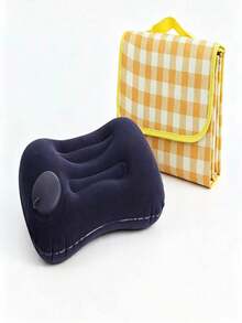 1 Set Portable Camping 2 Pieces Set, Dark Color Inflatable Lumbar Pillow, Waterproof Yellow & White Plaid Picnic Mat, Suitable For Outdoor, Office And Home Use - Multicolor - View 1
