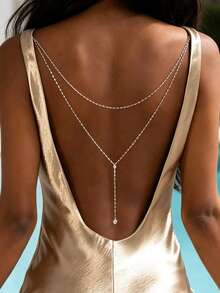 Women's Fashion Double Layer Pendant Back Chain, Evening Gown Accessory - Silver - View 2