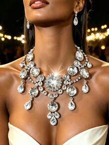 1pc Women's Exaggerated Crystal Water Drop Pendant Necklace, Bohemian Sexy Clavicle Necklace, Suitable For Formal Occasions, Holiday Gift - Silver - View 2