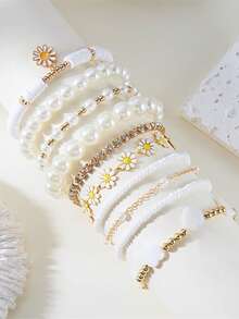 Conjunto de 10 piezas de pulseras de moda con perlas falsas y cuentas de margarita - Accesorios de mano bohemios creativos para la playa - Multicolor - Ver 4