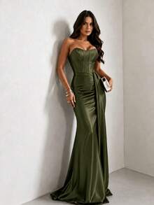 Satin Dress For Parties And Special Occasions, Strapless, Elegant - Olive Green - View 2