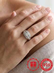 S925 Sterling Silver Men's Ring, Bold Square Zirconia Wide Band, Luxury High-End Business Style, Gift For Boyfriend With Gift Box - Silver - View 3