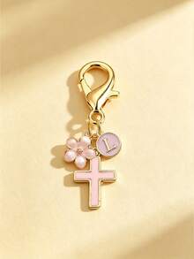 1pc New 26 English Letter Optional Enamel Drip Oil Cross & Cherry Blossom Pendant, Gold Lobster Clasp Detachable Bag Charm, Girls' Portable Key Decoration Small Gift - Pink - View 17