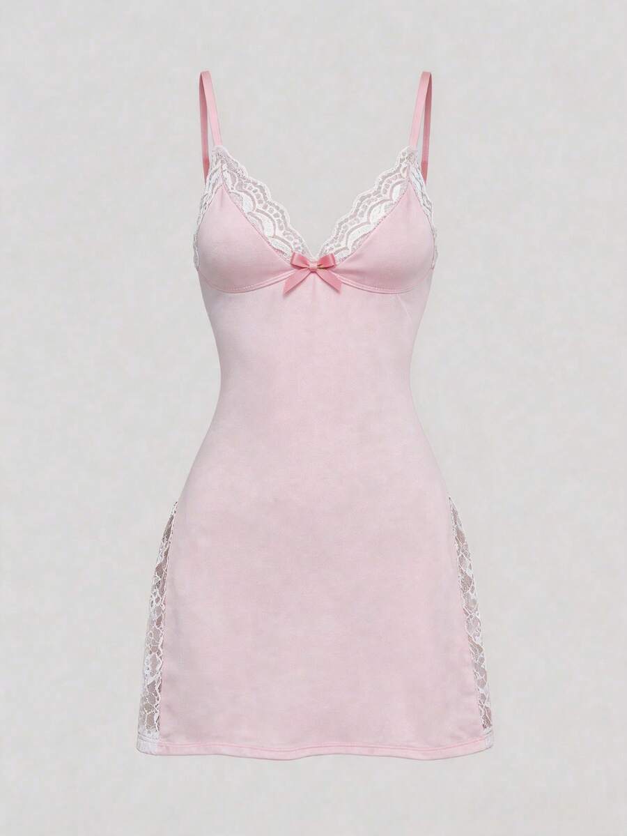Pink Lace Trimmed Bow Decorated Side Slit Cami Slip Dress - Pink - View 1
