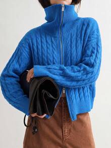 Women's Autumn/Winter Casual Minimalist Vintage Style Lapel Knit Cardigan Jacket - Blue - View 5