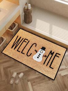 1pc, Winter Christmas Minimalist Smiling Snowman Welcome Pattern Door Mat, Holiday Style Machine Washable Polyester Fiber Mat, Suitable For Indoor, Party, Daily Decoration, All Seasons - Yellow - View 2