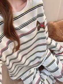 2pcs/Set Women's Pajamas Homewear Set, Cute Pony Striped Print Pullover Round Neck Long Sleeve Pants, Comfortable For Home - Grey - View 8