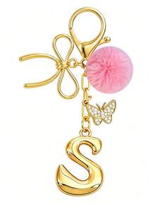 Cute Minimalist A-Z Initial Gold Keychain With Bowknot Pink Fur Ball Key Chain For Women's Bags, Daily Wear And Gift - Gold - View 12