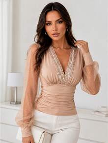 ChicMe Sequin Mesh Lantern Sleeve V-Neck Ruched Waist Casual Blouse - Khaki - View 6