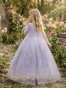 Young Girls Long Sleeve Snowflake Print Mesh Elegant Princess Dress Suitable For Prom, No Headband, Random Mesh Stitching Position On Back - Purple - View 3