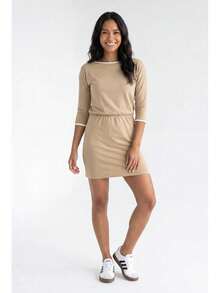 Women's Casual 3/4 Sleeve Mini Dress, Elastic Waist Design, Contrast Trim - Beige - View 3