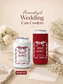 1pc Personalized Can Cooler Sleeves, Custom Wedding Can Coolers With Names Date And Location, Bow Design Neoprene Drink Holders, Standard Or Slim Wedding Favors For Guests. - Multicolor - View 2