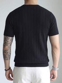 Black 3D Vertical Striped Short Sleeve Knit Sweater For Men, Ribbed Texture Crew Neck Design, Mature Business Casual Basic Top - Black - View 3