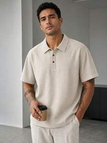 Blueprint Man 1件男士 Polo 衫，淺色仿亞麻紋理 Polo 領短袖 T 恤，垂墜感仿亞麻面料，寬鬆舒適日系休閒輕商務通勤，適合日常通勤商務休閒春/夏穿著或疊穿 - 杏色 - 查看 3