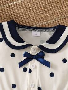 Young Girl Preppy Polka Dot Dress, Collared Bow Elastic Waist Long Sleeve Versatile Dress For Back To School, Spring Autumn Winter - Black and White - View 3