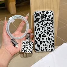 6件組黑色豹紋皮革紋理手機殼 + 充電頭保護套 + 線材保護套 + 收納繩 + 數據線保護纏繩 TPU 防摔保護殼，適用於 iPhone 6 7 8 XXs XR XS Max 11 12 13 14 15 16 17 Pro Max，適合作為生日和聖誕禮物送給情侶、女性、女兒、男朋友、女朋友和青少年女孩 - 彩色 - 查看 5