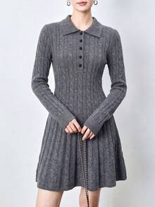 Women's New Autumn Cable Knit Design Turn Collar Waist-Cinching Slimming Dress - Grey - View 3