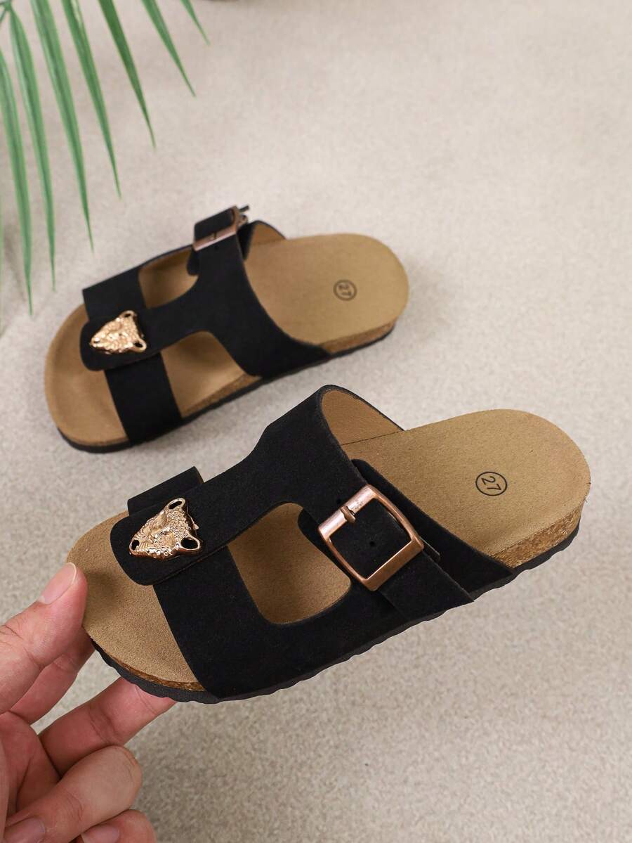 A Pair Of Stylish Kids' Open‑Toe Cork Slide Sandals, Slip‑On Daily Sandals For Children, Suitable For Daily Wear, Beach Trips And Outings - Black - View 1