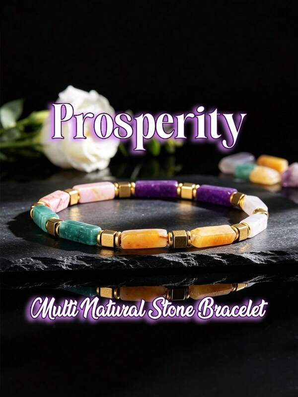 Multi-Color Rectangular Natural Stone Elastic Prosperity & Wealth Bracelet, Bohemian Style Unisex Daily Versatile Layering Jewelry Gift