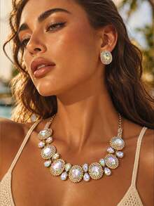 Multicolor Rhinestone Choker & Earrings Set, Luxury Gold Tone Crystal Jewelry For Wedding Evening Party Summer Beach Prom Outfits - Multicolor - View 1