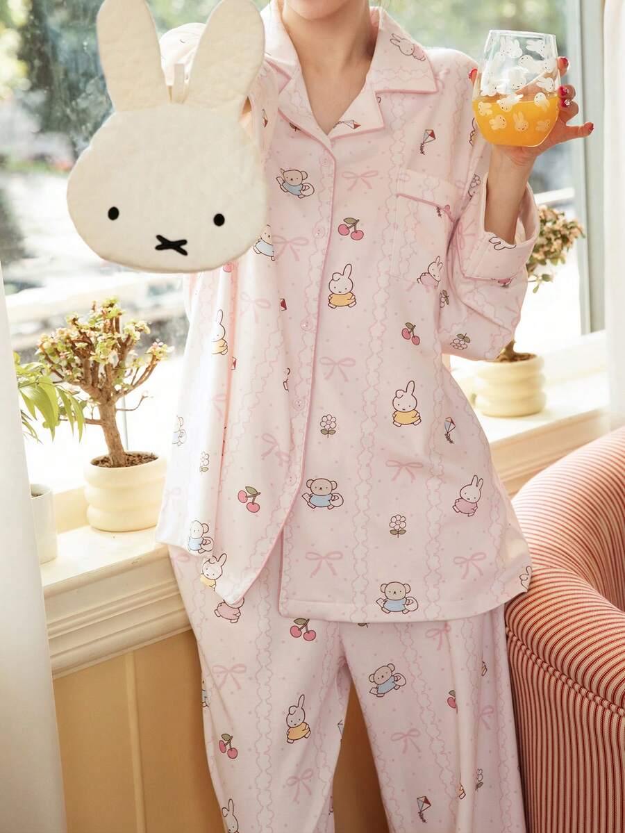 Gongdie 2pcs Miffy Women's Pajama Set, Spring/Autumn Light Pink Soft Cotton Loungewear, With Contrast Trim, Bow & Polka Dot Print - Baby Pink - View 1